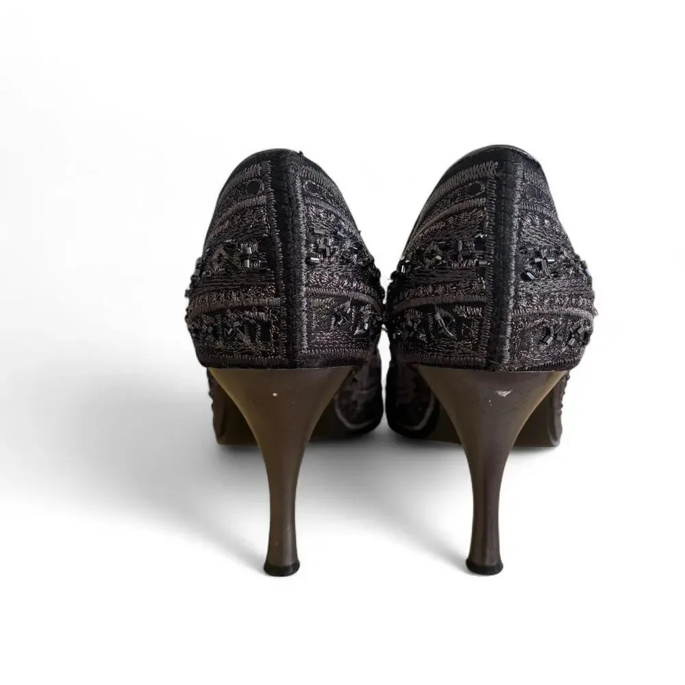 Y2K VTG. NINE‎ WEST BLACK BEADED EMBELLISHED  POINTED TOE PUMPS SIZE 8 1/2
